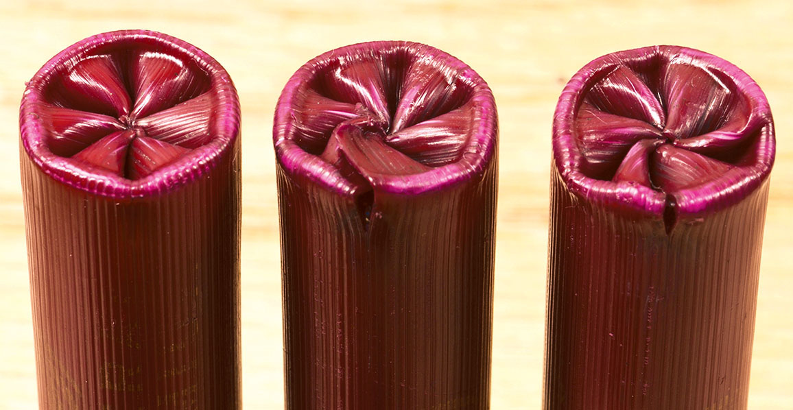 The small 28-gauge case can be tricky to load. Ribbed Federal hulls have a tendency to split and crimp in an irregular fashion. The one on the left is nearly perfect, the other two less so. These can still be fired, but the hulls are not long for this world. Something to consider when deciding on components.